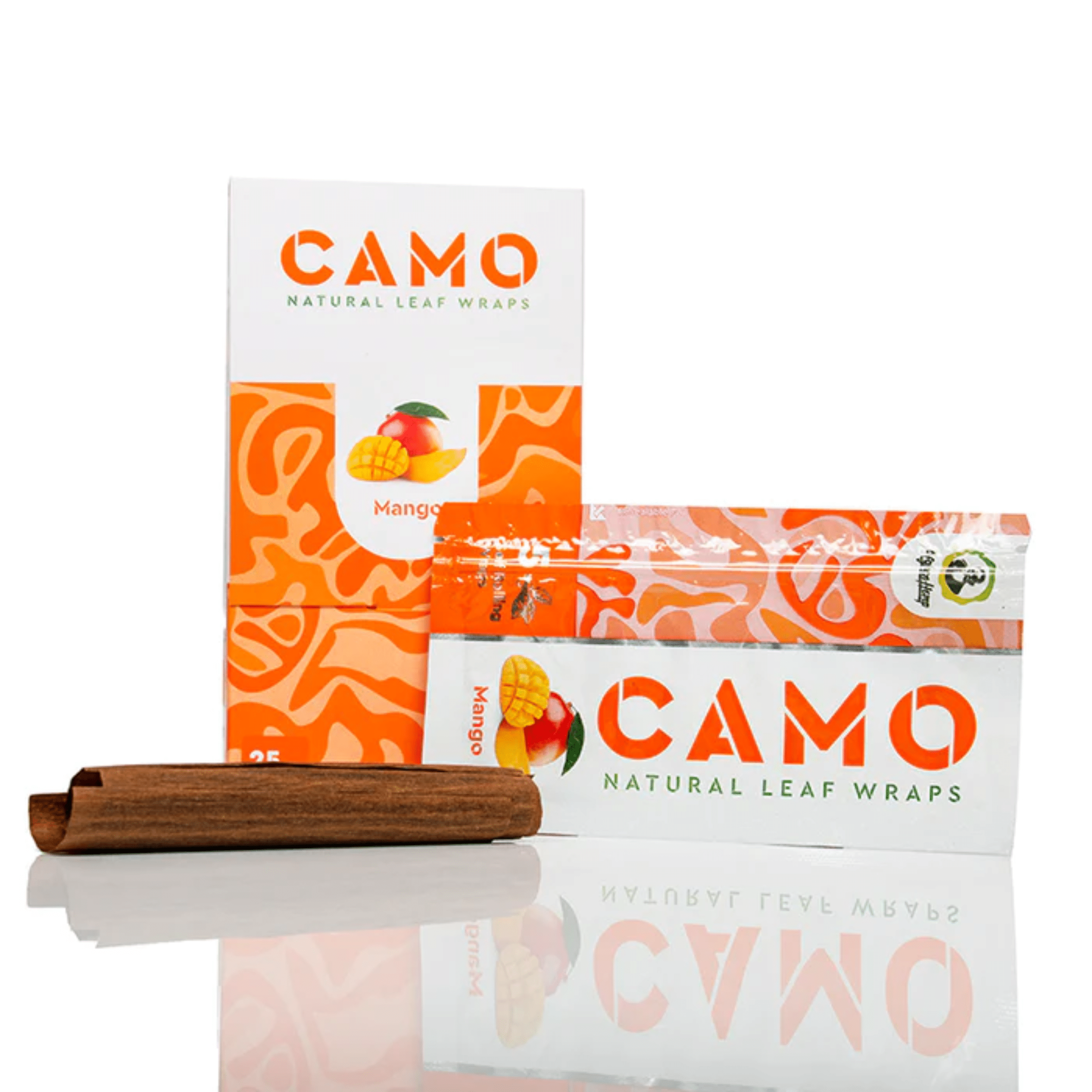 Packaging and leaf wraps from Camo in mango flavor